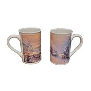 Thomas Kinkade Stonehearth Hutch Mugs 5" Tall Cups W/ Winter Holiday Scenes Vtg
